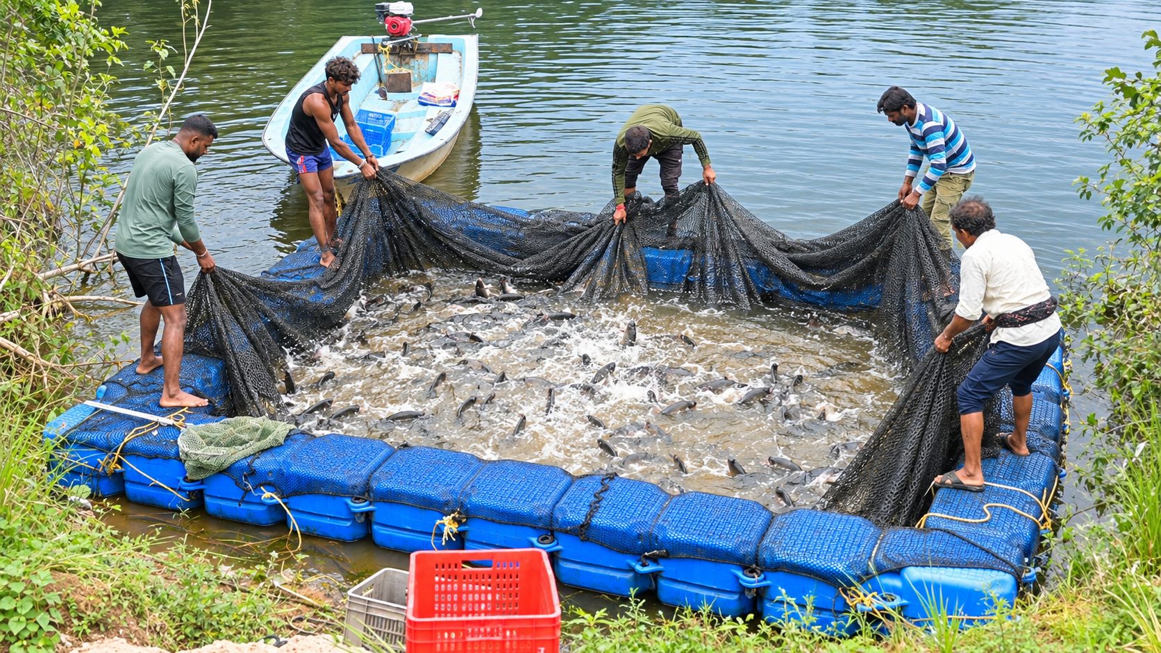 Harvest underway inside the floating cage, boat alongside